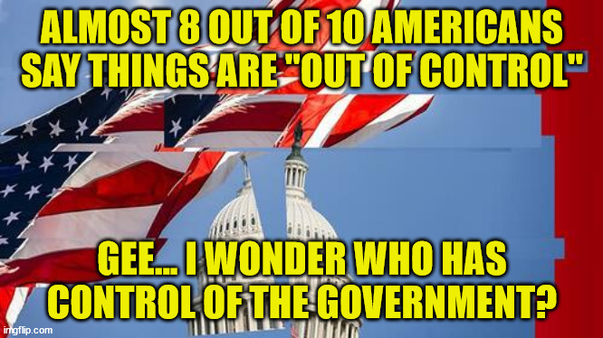 Yup... out of control... | ALMOST 8 OUT OF 10 AMERICANS SAY THINGS ARE "OUT OF CONTROL"; GEE... I WONDER WHO HAS CONTROL OF THE GOVERNMENT? | image tagged in government corruption,democrats | made w/ Imgflip meme maker