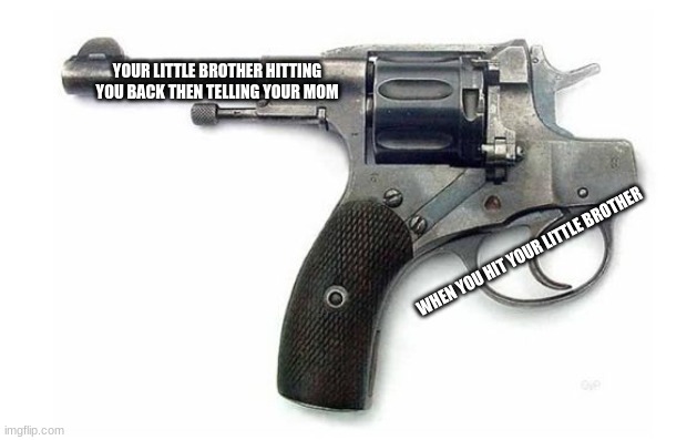 dont try this at home | YOUR LITTLE BROTHER HITTING YOU BACK THEN TELLING YOUR MOM; WHEN YOU HIT YOUR LITTLE BROTHER | image tagged in suicide gun | made w/ Imgflip meme maker