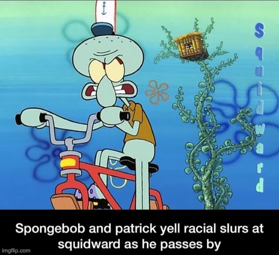 Spongebob and Patrick yell racial slurs at squidward | image tagged in spongebob and patrick yell racial slurs at squidward | made w/ Imgflip meme maker