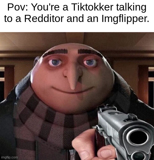 Nobody posted today. It's up to me to keep the stream ALIVE. | Pov: You're a Tiktokker talking to a Redditor and an Imgflipper. | image tagged in gru gun,tiktok sucks | made w/ Imgflip meme maker