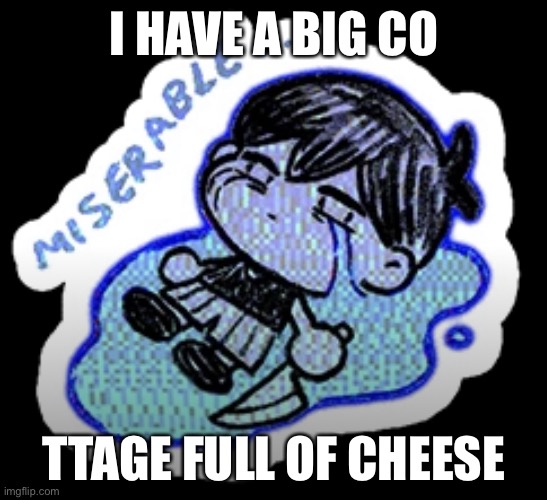 miserable | I HAVE A BIG CO; TTAGE FULL OF CHEESE | image tagged in miserable | made w/ Imgflip meme maker