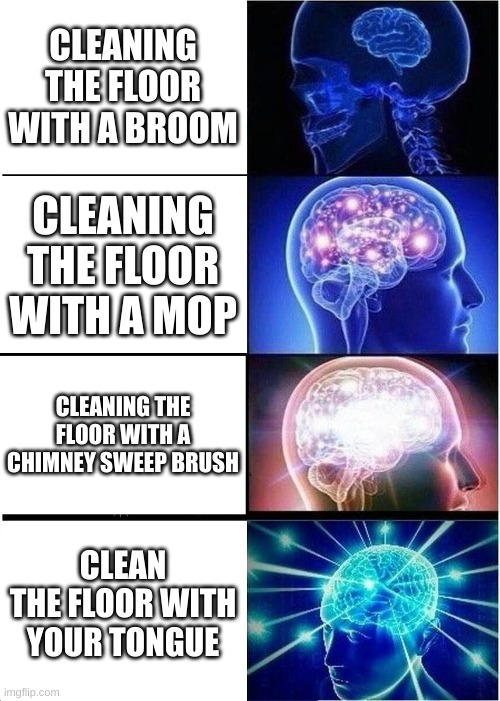 new way to do chores | CLEANING THE FLOOR WITH A BROOM; CLEANING THE FLOOR WITH A MOP; CLEANING THE FLOOR WITH A CHIMNEY SWEEP BRUSH; CLEAN THE FLOOR WITH YOUR TONGUE | image tagged in memes,expanding brain | made w/ Imgflip meme maker