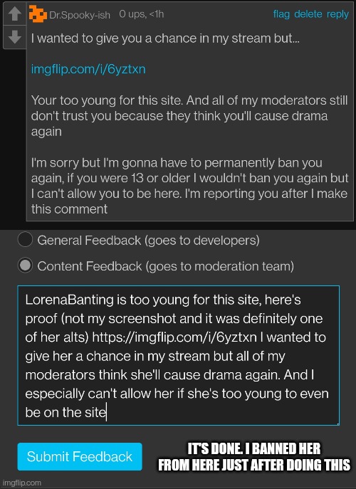 I don't like banning people but if they can't even be on the site then it's what I must do | IT'S DONE. I BANNED HER FROM HERE JUST AFTER DOING THIS | made w/ Imgflip meme maker