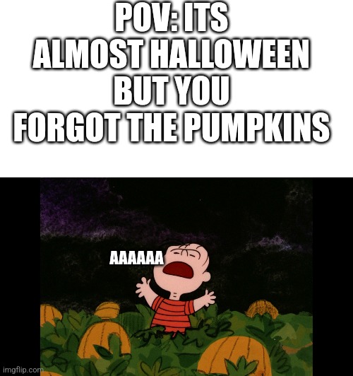 *PERFECT PUMPKIN CALL (Initiated) | POV: ITS ALMOST HALLOWEEN BUT YOU FORGOT THE PUMPKINS; AAAAAA | image tagged in blank white template,great pumpkin | made w/ Imgflip meme maker