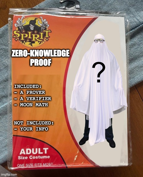 Zero knowledge proof (ZKP) costume for Halloween | ZERO-KNOWLEDGE PROOF; INCLUDED: 
- A PROVER 
- A VERIFIER
- MOON MATH; NOT INCLUDED:
- YOUR INFO | image tagged in spirit halloween,zkp,cryptography | made w/ Imgflip meme maker