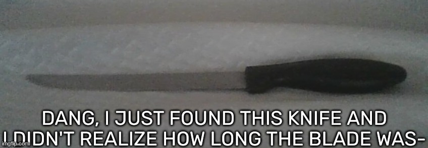 [ Why is it l o n g ? ] | DANG, I JUST FOUND THIS KNIFE AND I DIDN'T REALIZE HOW LONG THE BLADE WAS- | image tagged in idk,stuff,s o u p,carck | made w/ Imgflip meme maker