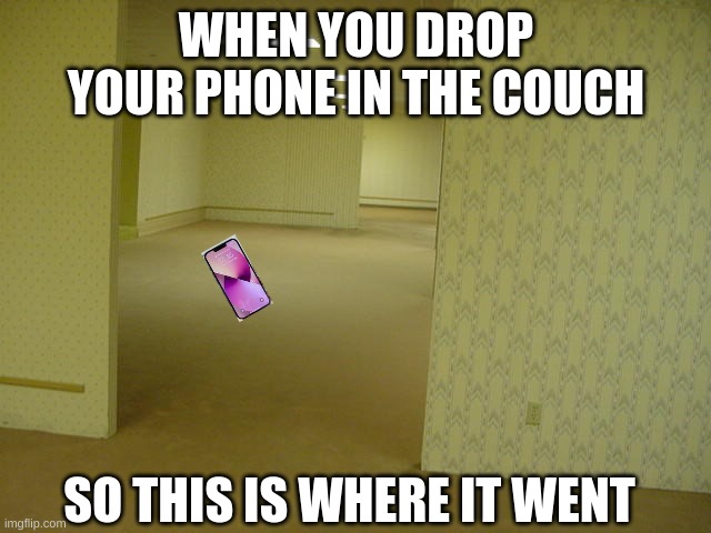 The Backrooms | WHEN YOU DROP YOUR PHONE IN THE COUCH; SO THIS IS WHERE IT WENT | image tagged in the backrooms | made w/ Imgflip meme maker