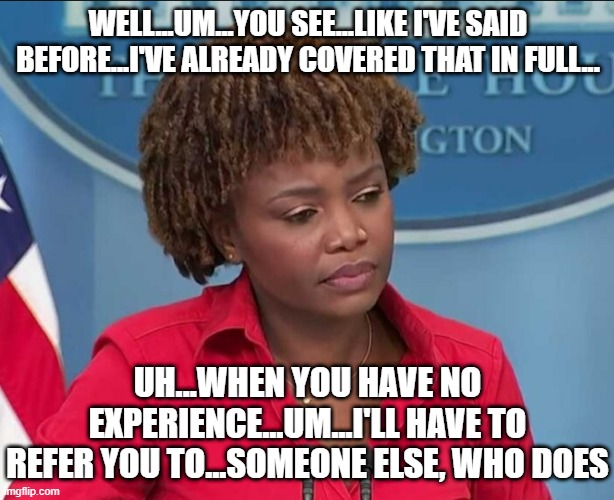Karine Jean-Pierre | WELL...UM...YOU SEE...LIKE I'VE SAID BEFORE...I'VE ALREADY COVERED THAT IN FULL... UH...WHEN YOU HAVE NO EXPERIENCE...UM...I'LL HAVE TO REFE | image tagged in karine jean-pierre | made w/ Imgflip meme maker