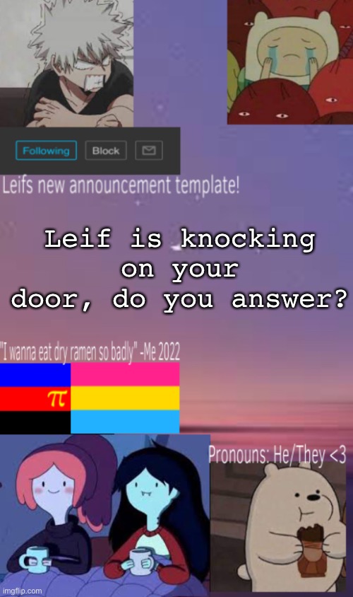 Leif’s (new) announcement template! | Leif is knocking on your door, do you answer? | image tagged in leif s new announcement template | made w/ Imgflip meme maker