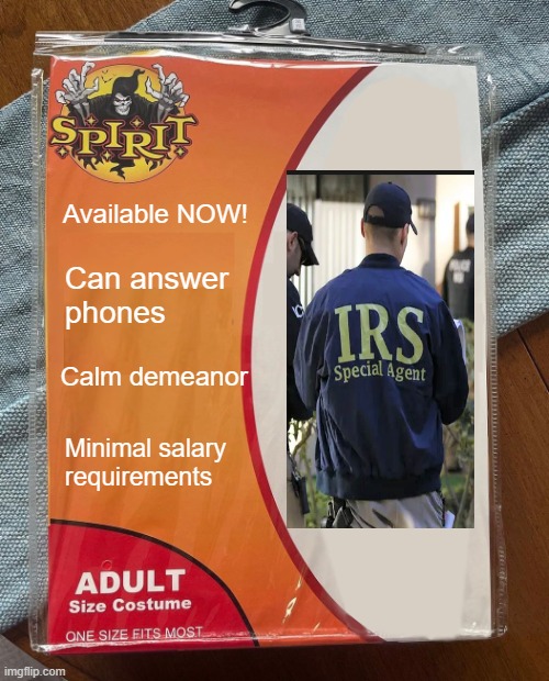 IRS agent | Available NOW! Can answer phones; Calm demeanor; Minimal salary requirements | image tagged in spirit halloween | made w/ Imgflip meme maker