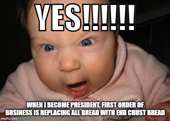 Too evil for you | YES!!!!!! WHEN I BECOME PRESIDENT, FIRST ORDER OF BUSINESS IS REPLACING ALL BREAD WITH END CRUST BREAD | image tagged in memes,evil baby | made w/ Imgflip meme maker