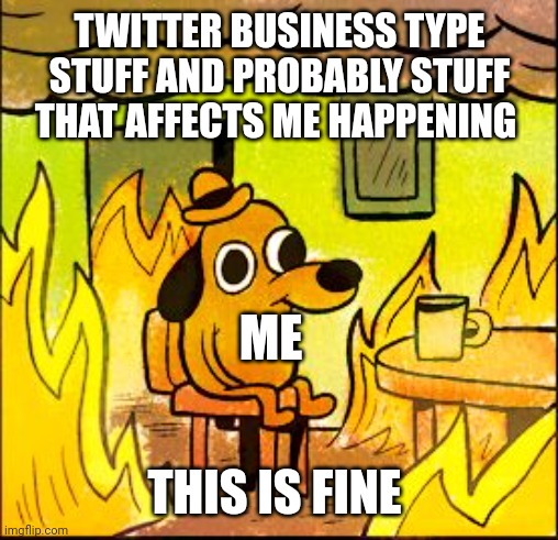 Idk nor really gaf | TWITTER BUSINESS TYPE STUFF AND PROBABLY STUFF THAT AFFECTS ME HAPPENING; ME; THIS IS FINE | image tagged in this is fine,memes,twitter | made w/ Imgflip meme maker