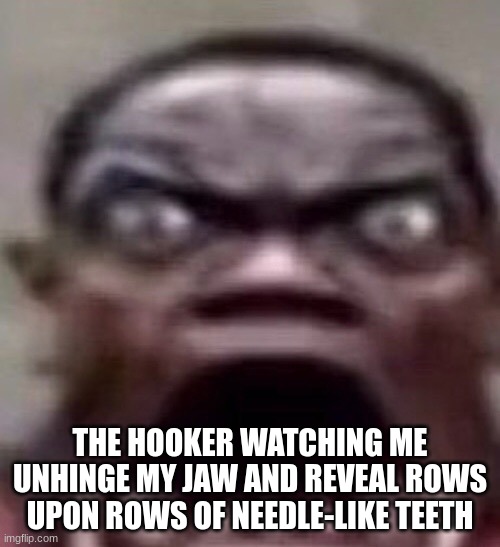 guy screaming | THE HOOKER WATCHING ME UNHINGE MY JAW AND REVEAL ROWS UPON ROWS OF NEEDLE-LIKE TEETH | image tagged in guy screaming | made w/ Imgflip meme maker