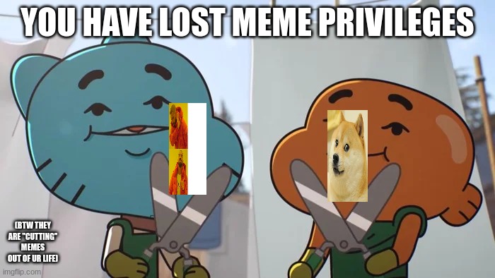 You lost meme privileges | YOU HAVE LOST MEME PRIVILEGES; (BTW THEY ARE "CUTTING" MEMES OUT OF UR LIFE) | image tagged in lost privileges,meme,never gonna give you up,never gonna let you down,never gonna run around,and desert you | made w/ Imgflip meme maker