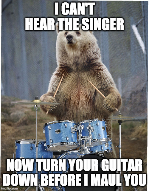 Drummer bear | I CAN'T HEAR THE SINGER; NOW TURN YOUR GUITAR DOWN BEFORE I MAUL YOU | image tagged in drummer bear | made w/ Imgflip meme maker