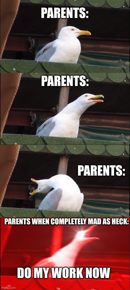 Inhaling Seagull | PARENTS:; PARENTS:; PARENTS:; PARENTS WHEN COMPLETELY MAD AS HECK:; DO MY WORK NOW | image tagged in memes,inhaling seagull | made w/ Imgflip meme maker