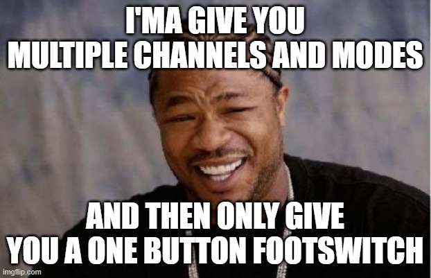 Yo Dawg Heard You Meme | I'MA GIVE YOU MULTIPLE CHANNELS AND MODES; AND THEN ONLY GIVE YOU A ONE BUTTON FOOTSWITCH | image tagged in memes,yo dawg heard you | made w/ Imgflip meme maker