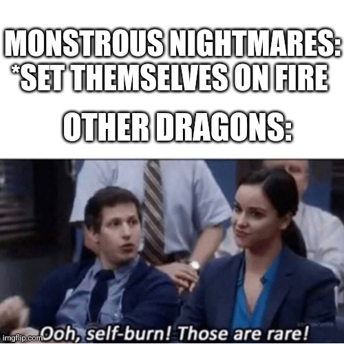 I mean Nightmares can literally self-burn | MONSTROUS NIGHTMARES: *SET THEMSELVES ON FIRE; OTHER DRAGONS: | image tagged in self-burn those are rare,nightmares,fire | made w/ Imgflip meme maker