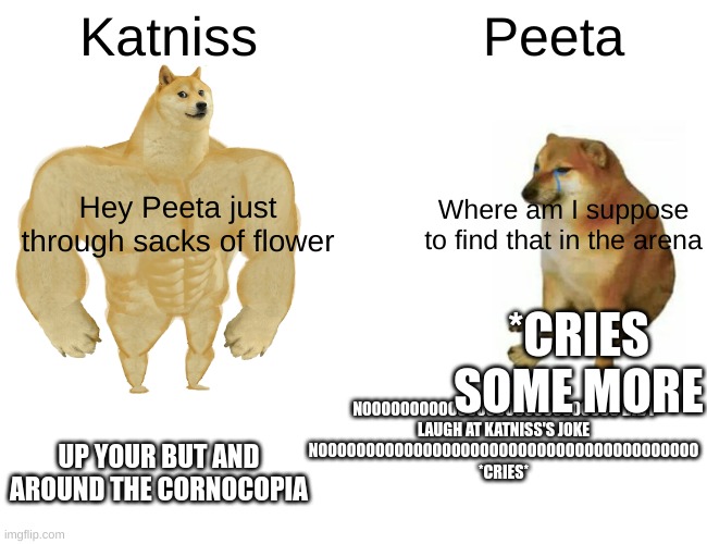 Buff Doge vs. Cheems Meme | Katniss; Peeta; Hey Peeta just through sacks of flower; Where am I suppose to find that in the arena; *CRIES SOME MORE; HAHA NOOOOOOOOOOOOOOOOOOOOOOOOOOO DID I LAUGH AT KATNISS'S JOKE NOOOOOOOOOOOOOOOOOOOOOOOOOOOOOOOOOOOOOOOO *CRIES*; UP YOUR BUT AND AROUND THE CORNOCOPIA | image tagged in memes,buff doge vs cheems | made w/ Imgflip meme maker