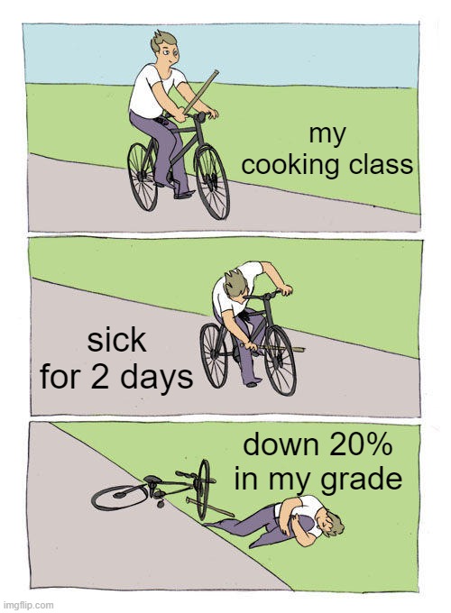 Something that happened to me | my cooking class; sick for 2 days; down 20% in my grade | image tagged in memes,bike fall | made w/ Imgflip meme maker