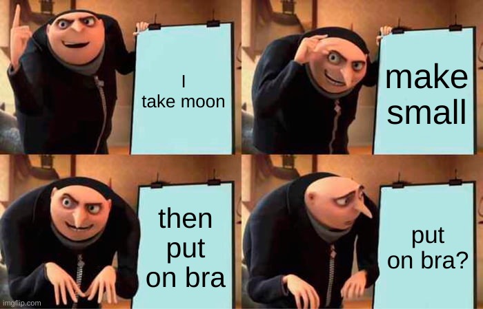 Haha | I take moon; make small; then put on bra; put on bra? | image tagged in memes,gru's plan | made w/ Imgflip meme maker