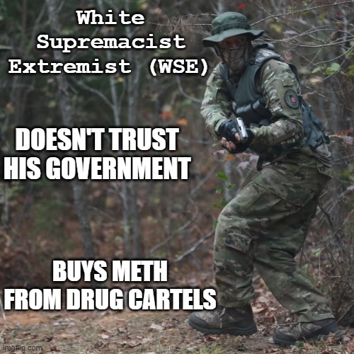 White Supremacist Extremist - Doesn't trust government - buys drugs from cartels | White Supremacist Extremist (WSE); DOESN'T TRUST HIS GOVERNMENT; BUYS METH FROM DRUG CARTELS | image tagged in white supremacy,terrorist,militia,republican,trump,mass murder | made w/ Imgflip meme maker