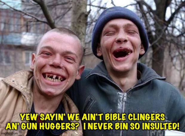 No teeth | YEW SAYIN' WE AIN'T BIBLE CLINGERS AN' GUN HUGGERS?  I NEVER BIN SO INSULTED! | image tagged in no teeth | made w/ Imgflip meme maker
