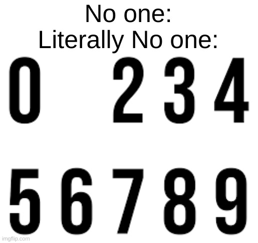 Legit No one |  No one:
Literally No one: | image tagged in no one,memes,funny,numbers,who reads these,numbers are not fun | made w/ Imgflip meme maker