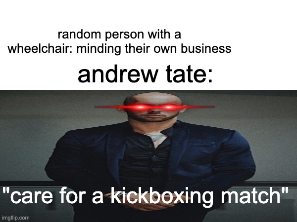 put em up son | random person with a wheelchair: minding their own business; andrew tate:; "care for a kickboxing match" | image tagged in andrew tate | made w/ Imgflip meme maker