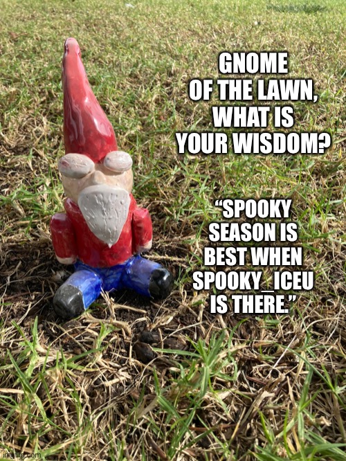 Gnome of the Lawn | GNOME OF THE LAWN, WHAT IS YOUR WISDOM? “SPOOKY SEASON IS BEST WHEN SPOOKY_ICEU IS THERE.” | image tagged in funny memes | made w/ Imgflip meme maker