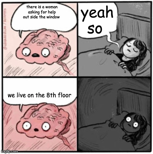 no just no | yeah so; there is a woman asking for help out side the window; we live on the 8th floor | image tagged in brain before sleep | made w/ Imgflip meme maker