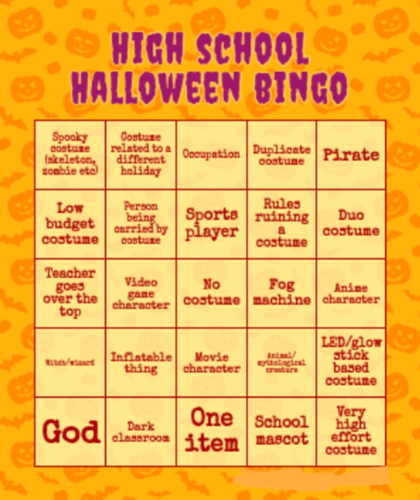 High school Halloween bingo Blank Meme Template