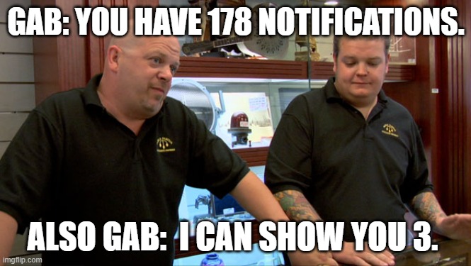 Gab Notifications | GAB: YOU HAVE 178 NOTIFICATIONS. ALSO GAB:  I CAN SHOW YOU 3. | image tagged in pawn stars best i can do | made w/ Imgflip meme maker