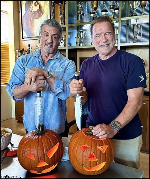 You Would Have Thought These Two Would Have Been Better With Big Knives ! | image tagged in halloween,pumpkin,knives,sylvester stallone,arnold schwarzenegger,front page | made w/ Imgflip meme maker