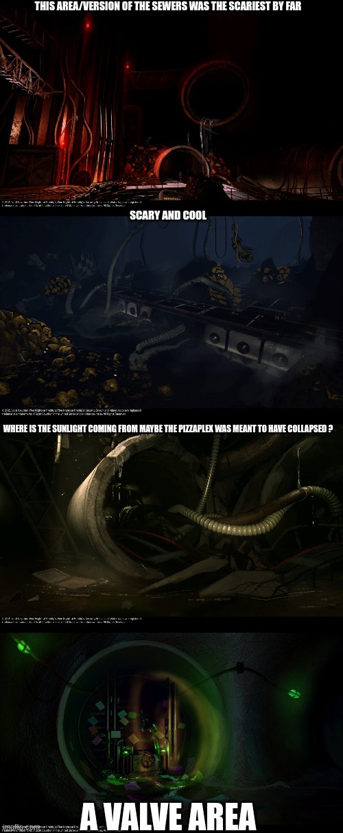 I found Official concept art for the sewers of security breach | THIS AREA/VERSION OF THE SEWERS WAS THE SCARIEST BY FAR; SCARY AND COOL; WHERE IS THE SUNLIGHT COMING FROM MAYBE THE PIZZAPLEX WAS MEANT TO HAVE COLLAPSED ? A VALVE AREA | image tagged in fnaf,fnaf security breach | made w/ Imgflip meme maker