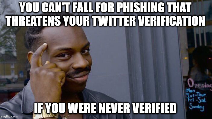 One more reason not to get the checkmark | YOU CAN'T FALL FOR PHISHING THAT THREATENS YOUR TWITTER VERIFICATION; IF YOU WERE NEVER VERIFIED | image tagged in memes,roll safe think about it | made w/ Imgflip meme maker