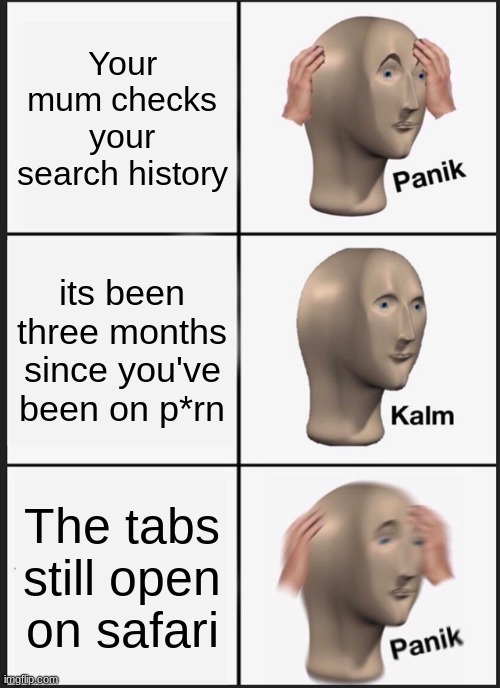 Panik Kalm Panik | Your mum checks your search history; its been three months since you've been on p*rn; The tabs still open on safari | image tagged in memes,panik kalm panik | made w/ Imgflip meme maker