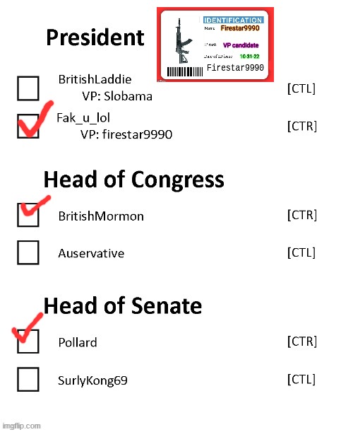 If you ain't allowed to vote for yourself, you can ignore the president section. | image tagged in imgflip_presidents ballot october 2022 | made w/ Imgflip meme maker