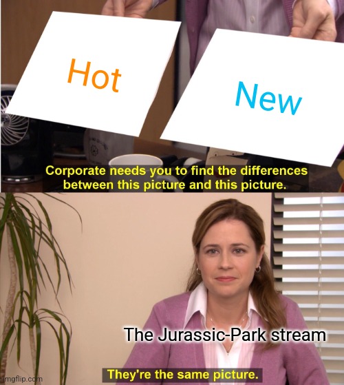 Probably because we don't have a whole lot of posters | Hot; New; The Jurassic-Park stream | image tagged in memes,they're the same picture | made w/ Imgflip meme maker
