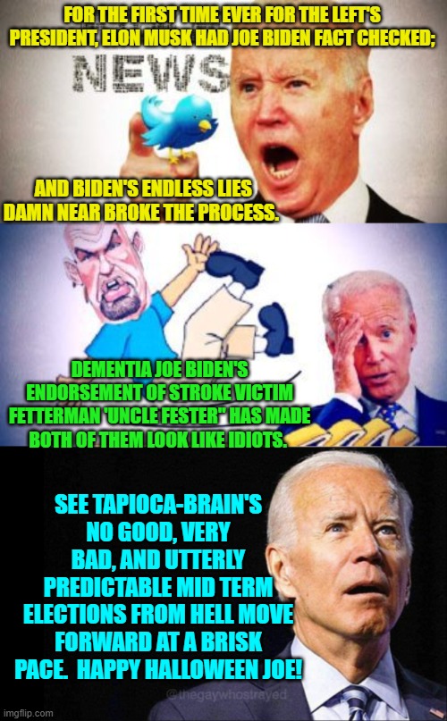 Happy Halloween Joe! | FOR THE FIRST TIME EVER FOR THE LEFT'S PRESIDENT, ELON MUSK HAD JOE BIDEN FACT CHECKED;; AND BIDEN'S ENDLESS LIES DAMN NEAR BROKE THE PROCESS. DEMENTIA JOE BIDEN'S ENDORSEMENT OF STROKE VICTIM FETTERMAN 'UNCLE FESTER" HAS MADE BOTH OF THEM LOOK LIKE IDIOTS. SEE TAPIOCA-BRAIN'S NO GOOD, VERY BAD, AND UTTERLY PREDICTABLE MID TERM ELECTIONS FROM HELL MOVE FORWARD AT A BRISK PACE.  HAPPY HALLOWEEN JOE! | image tagged in truth | made w/ Imgflip meme maker