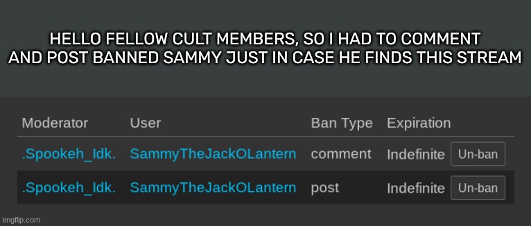[Also, hoi :D] | HELLO FELLOW CULT MEMBERS, SO I HAD TO COMMENT AND POST BANNED SAMMY JUST IN CASE HE FINDS THIS STREAM | image tagged in idk,stuff,s o u p,carck | made w/ Imgflip meme maker