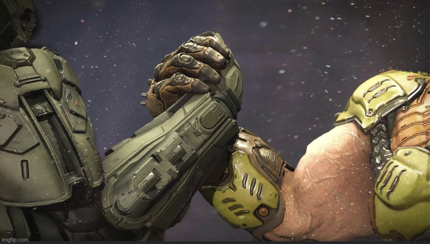 Doomguy and Master Chief Handshake | image tagged in doomguy and master chief handshake | made w/ Imgflip meme maker