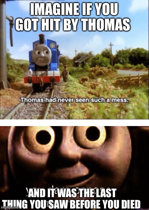 IMAGINE IF YOU GOT HIT BY THOMAS; AND IT WAS THE LAST THING YOU SAW BEFORE YOU DIED | image tagged in thomas had never seen such a mess,you dare oppose me mortal | made w/ Imgflip meme maker