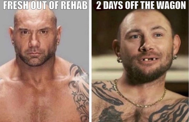 THEY TRY AND THEY TRY YEAR AFTER YEAR! | FRESH OUT OF REHAB; 2 DAYS OFF THE WAGON | image tagged in expectation vs reality,meme | made w/ Imgflip meme maker