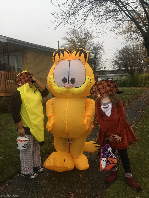Me with a banana and Garfield (btw I know I am short) | image tagged in halloween,short,garfield | made w/ Imgflip meme maker