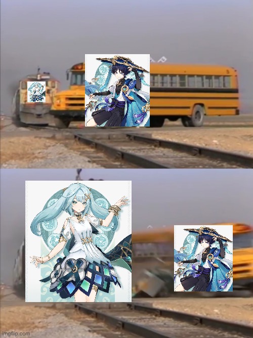 Remember, no Fatui harbinger | image tagged in train crashes bus | made w/ Imgflip meme maker