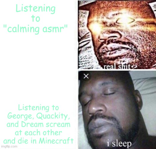 Or with Tommy, Ranboo, and Tubbo. Either one i can fall asleep to | Listening to "calming asmr"; Listening to George, Quackity, and Dream scream at each other and die in Minecraft | image tagged in i sleep reverse | made w/ Imgflip meme maker