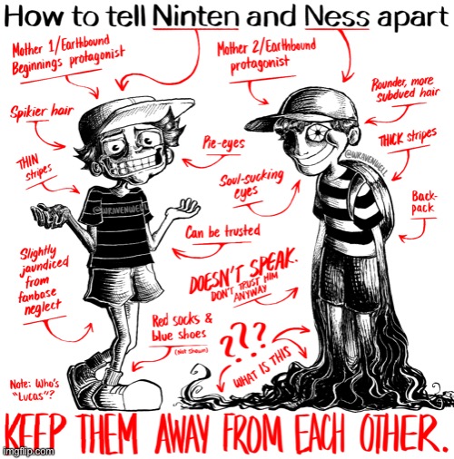 Ninten and Ness, a comprehensive guide. | image tagged in earthbound,mother,memes,wtf | made w/ Imgflip meme maker