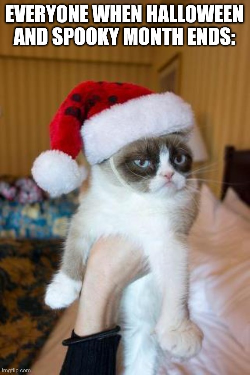Angry but in a Christmas spirit | EVERYONE WHEN HALLOWEEN AND SPOOKY MONTH ENDS: | image tagged in memes,grumpy cat christmas,grumpy cat | made w/ Imgflip meme maker