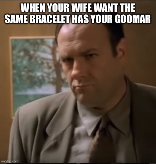 Tony soprano | WHEN YOUR WIFE WANT THE SAME BRACELET HAS YOUR GOOMAR | image tagged in tony soprano | made w/ Imgflip meme maker